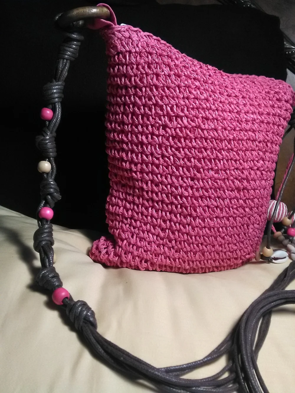 NWOT Handmade Pink Crochet Crossbody Bag LEATHER Beaded Strap